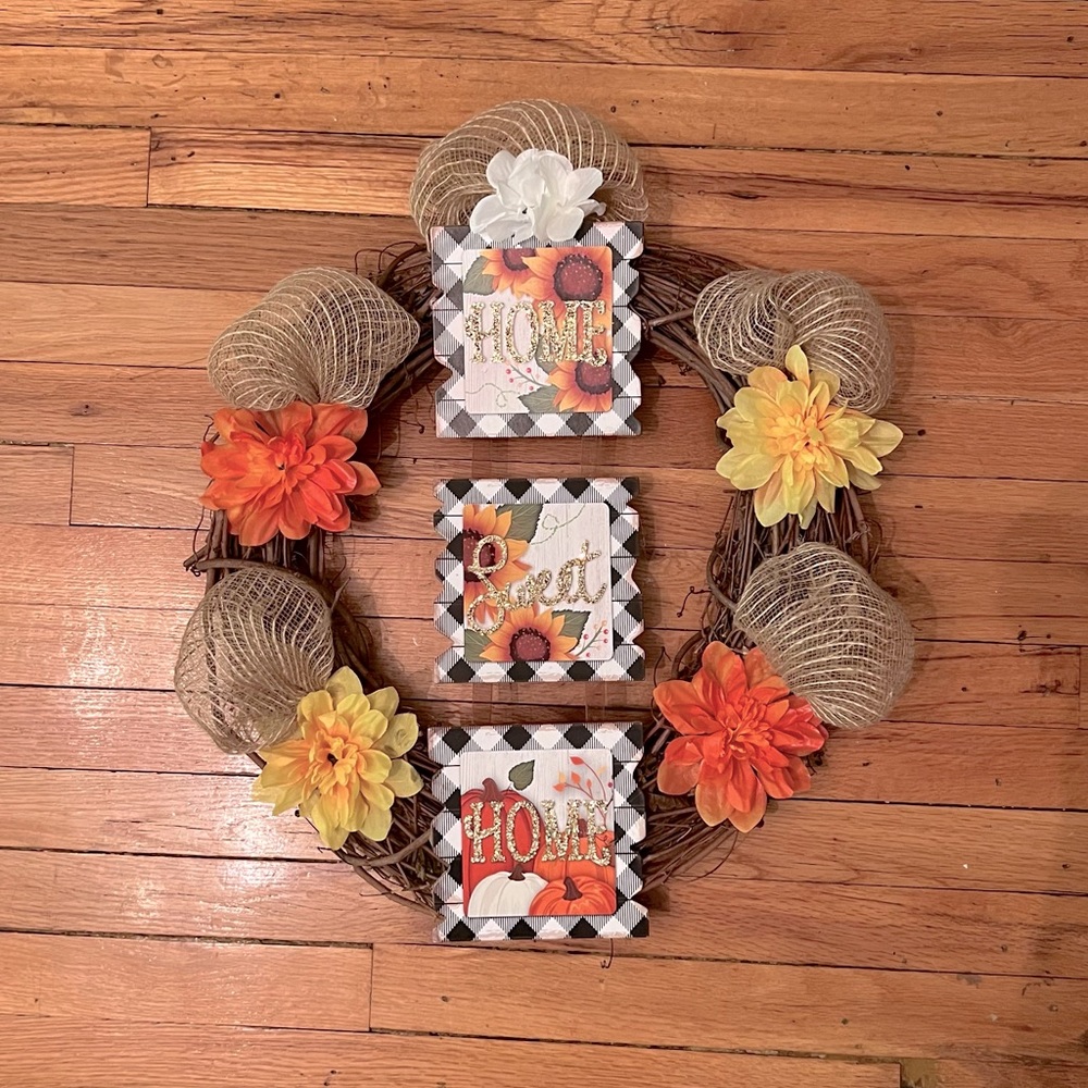 Hand made custom home sweet home wreath for indoor or outdoor use.